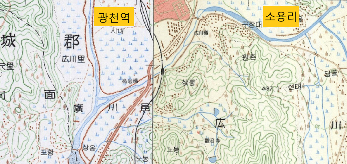 1960년대 국토정보맵 지도. 충남 홍성군 광천읍 철길 위치를 확인할 수 있다.
