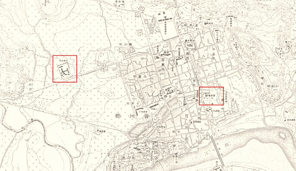 1933년 지도에 보이는 진주형무소(왼쪽)과 진주경찰서. @국토정보맵