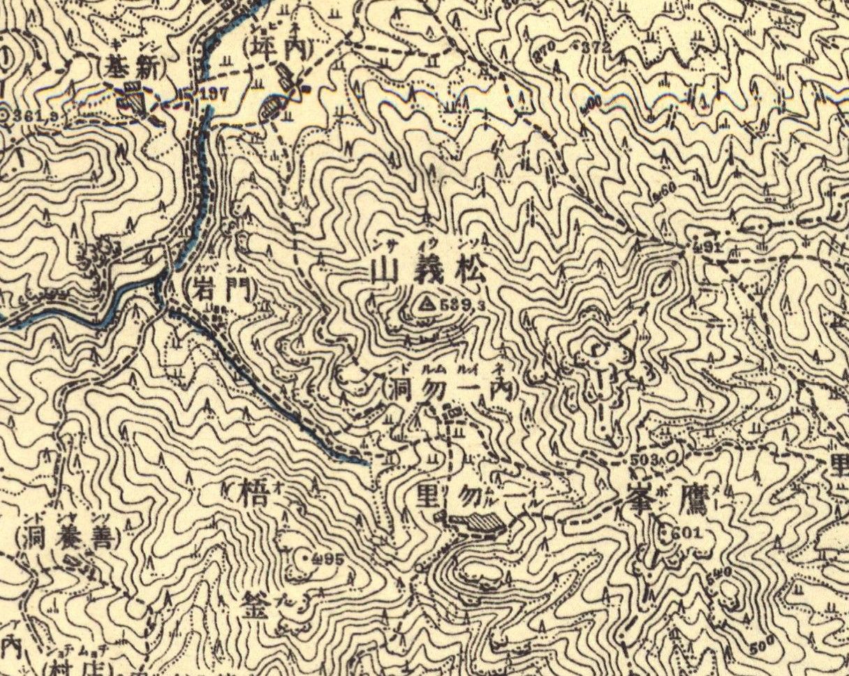 경남 산청군 지도(1918년). 송의산 밑에 내일물동과 일물리가 남북방향으로 자리잡았다. @국토정보맵