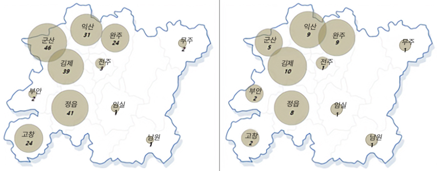 전북지역 기독교인 희생자와 교회 분포