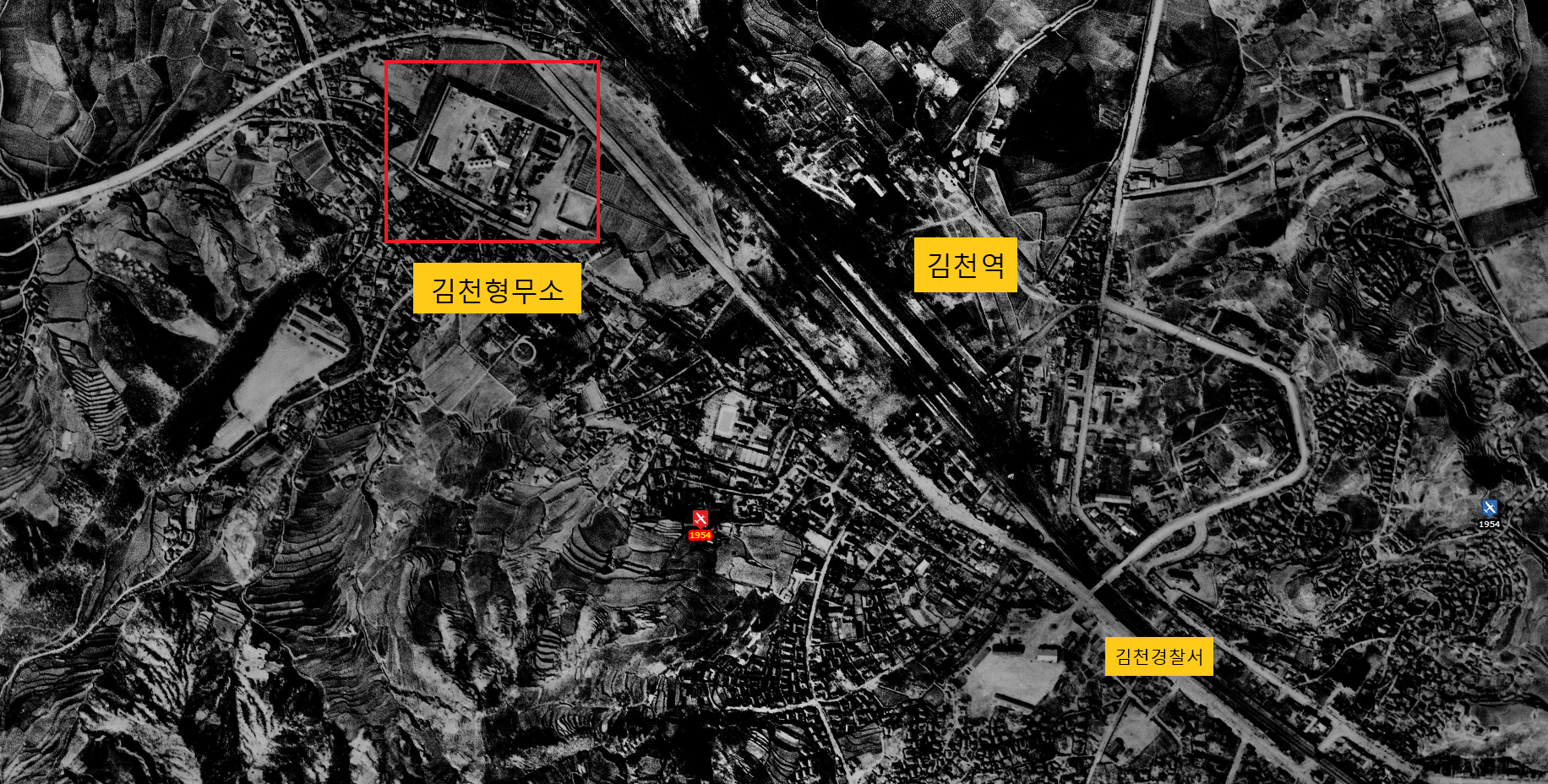 1954년 항공 사진에 보이는 김천형무소