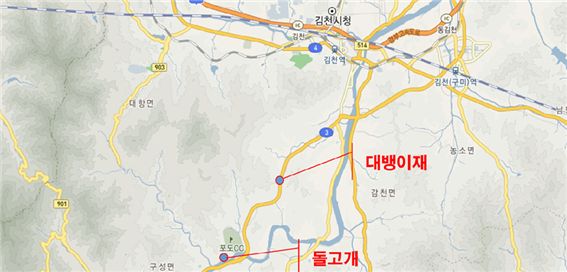 김천 돌고개와 대뱅이재 위치